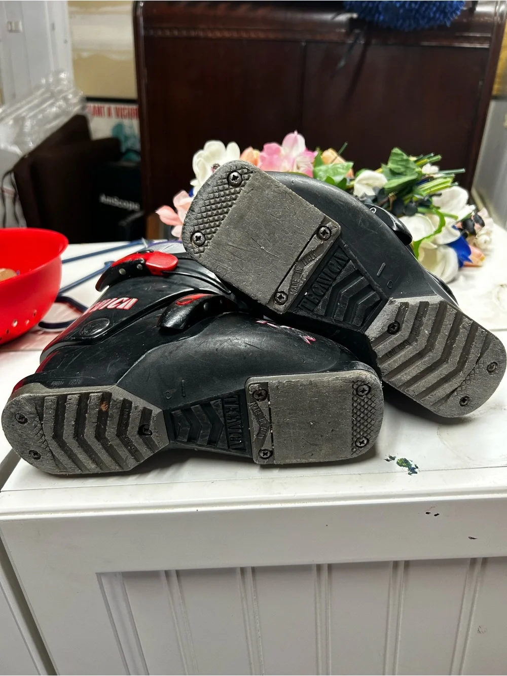 Kids Black Tecnica Ski Boots with Purple Liner and Red Accents